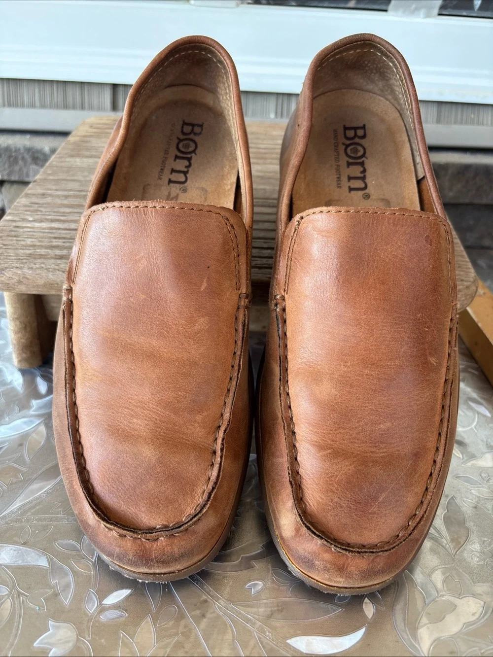 Born Men's 9 Distressed Leather Slip-On Loafers in Cognac Brown